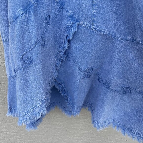 VTG Giocam Blue Embroidered Floral Midi Dress Frayed Hem Ruching V Neck Med - Picture 2 of 9